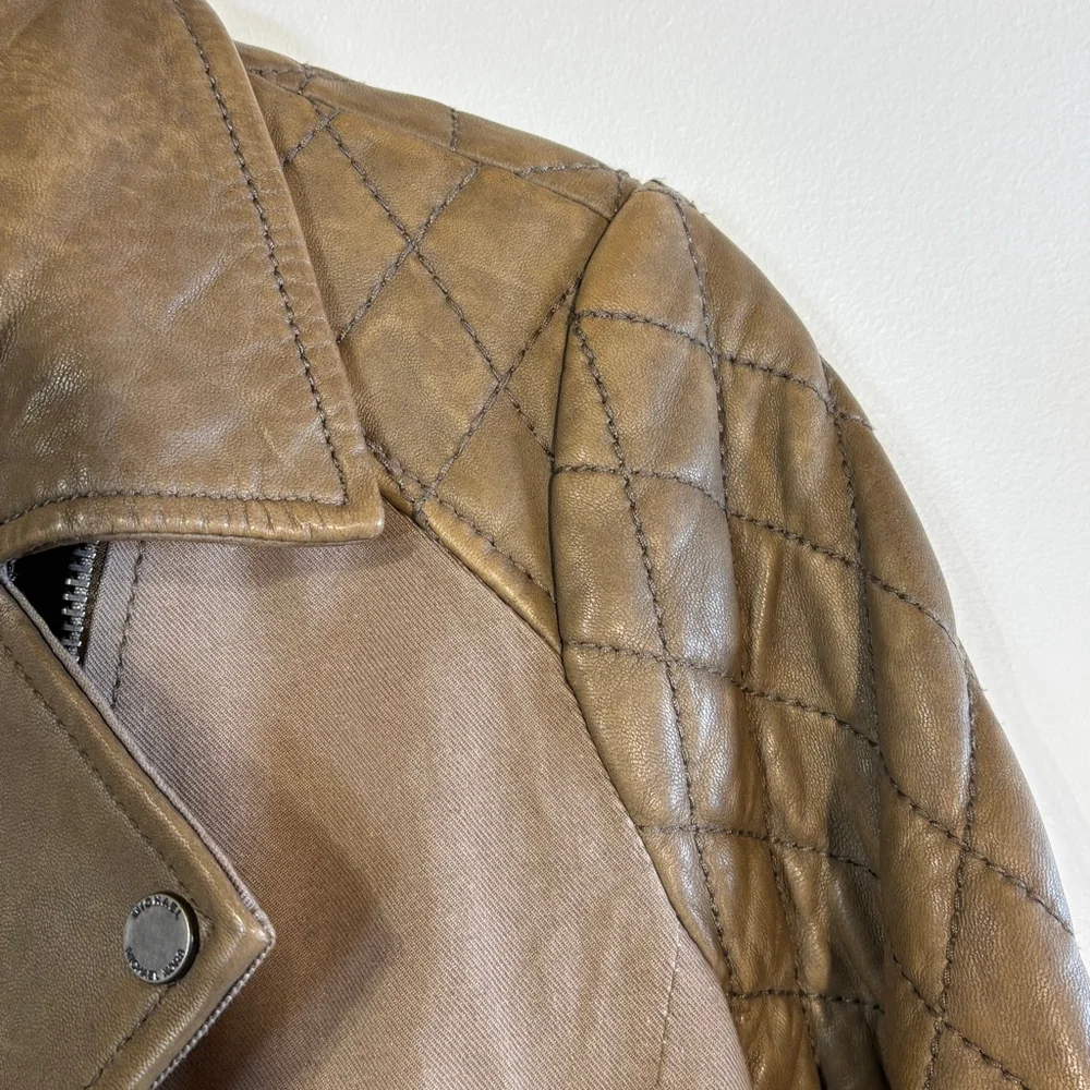 Michael Kors Brown Leather Cotton Moto Jacket Women’s Medium Zippers Pockets